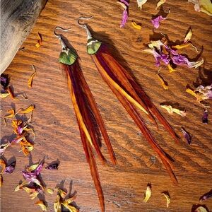 Rooster and Peacock Long Feather Earrings
